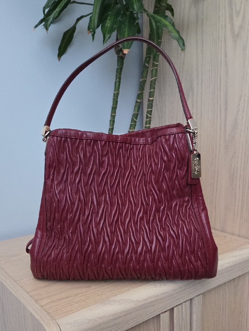 Coach Madison Phoebe Gathered Twist Leather Shoulder Bag In Burgundy Brick Red